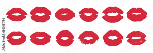 Collection of twelve red lip shapes, kiss imprints on clean white background