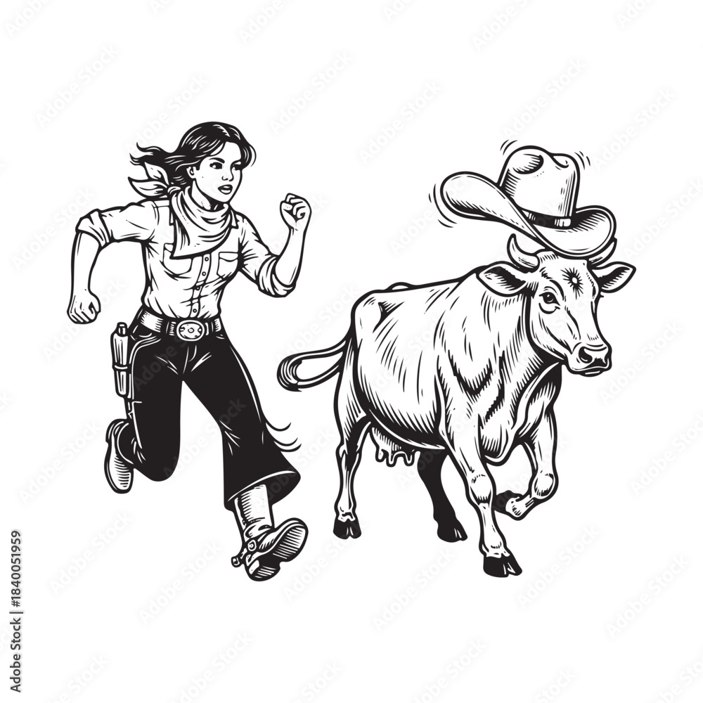 Fototapeta premium Cowgirl riding a bull in a rodeo competition, action silhouette.