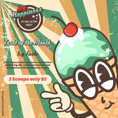 Retro cartoon character in the form of an ice cream cone in the style of a groove. Nostalgia for the 70s, 80s. Poster, poster, mascot logo