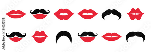 Red lips and black mustache vector set comic style mouth and facial hair icon pack