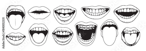 Human mouth line art vector set various expressions open close lips tongue teeth