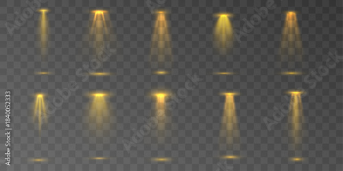 Realistic spotlight light projector with smooth beams, flash lighting on transparent background. Stage and podium scenes with dramatic illumination. Vector glowing light effect with yellow rays. 