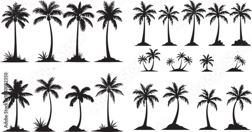 Collection of silhouetted palm trees in various sizes and styles