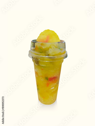 front view colorful energy drink smoothie in a plastic cup, with colorful jelly pieces on white background, food, drink, copy space.