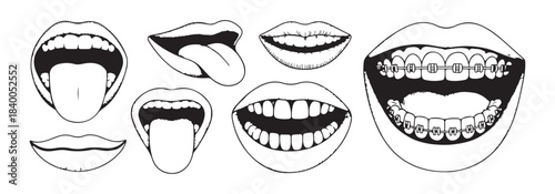 Set of human lips and mouths in various expressions and poses, line art style isolated on white