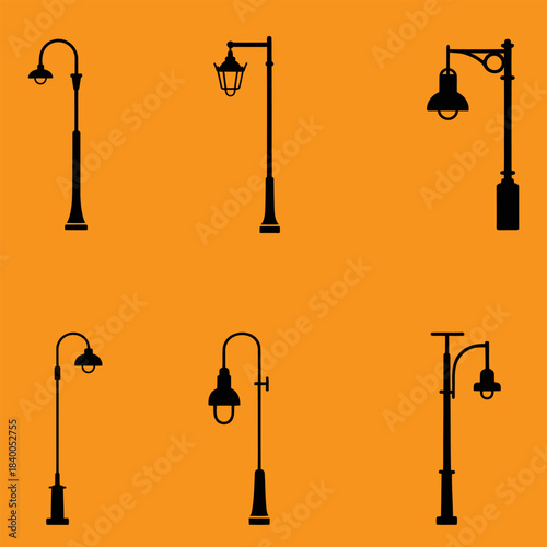 Vintage street light posts set, old street lamp posts, sidewalk lantern, vector