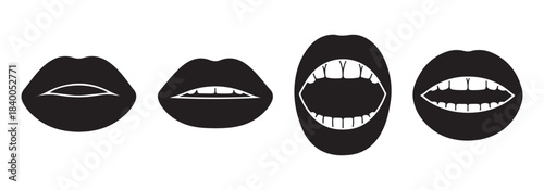 Set of stylized human lips and mouths in various expressions, silhouette style isolated on white