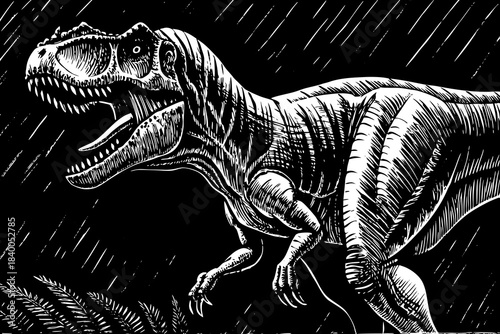 allosaurus sketched in lunging attack posture with open jaws and deep shading to highlight muscular prehistoric body
