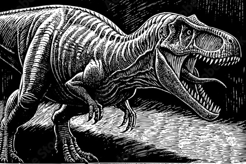 allosaurus sketched in lunging attack posture with open jaws and deep shading to highlight muscular prehistoric body