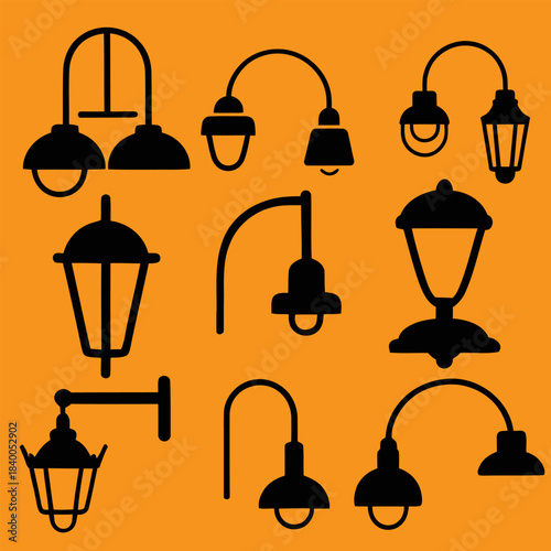 Vintage street light posts set, old street lamp posts, sidewalk lantern, vector