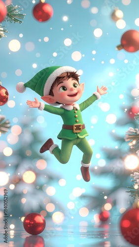 Happy elf jumping through floating ornaments.