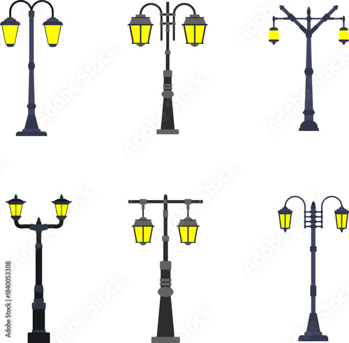 Vintage street light posts set, old street lamp posts, sidewalk lantern, vector