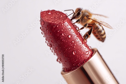 Close-up of a vibrant red lipstick with water droplets, featuring a bee perched on the surface, highlighting the connection between beauty products and nature's pollinators