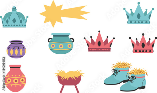 Christmas nativity scene elements with crowns and gifts