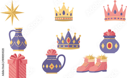 Christmas nativity scene elements including gifts crowns and vessels