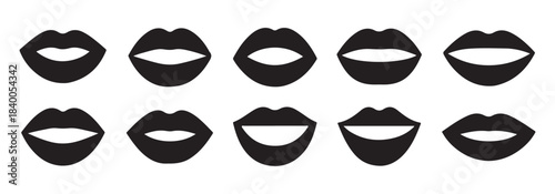 Collection of black lips vector icons showing various simple mouth shapes and gestures