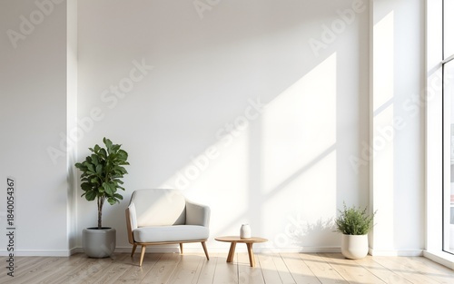 Comfortable office lobby interior with blank white wall. High quality