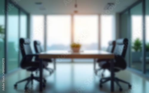 A blurred office conference room with large glass windows, blurred modern office meeting room interior. High quality