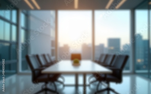 A blurred office conference room with large glass windows, blurred modern office meeting room interior. High quality