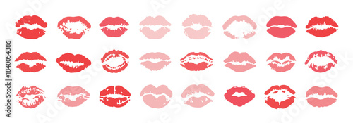 Large collection of colorful lipstick prints and kiss marks in varying red and pink shades