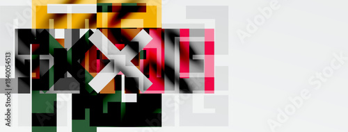 Abstract geometric composition. Squares, rectangles dominate image. Colors include red, black, gold, white, gray. Minimalist design.