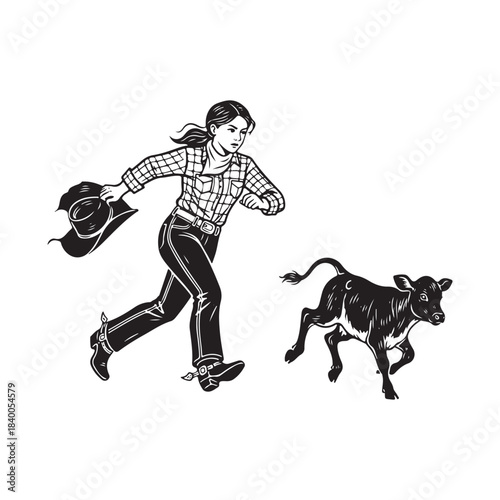 Cowgirl riding a bull in a rodeo action scene illustration