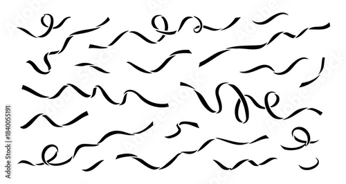 Abstract Black Brush Stroke Ribbons and Confetti Elements Keywords: ribbon, confetti, streamer, abstract, brush stroke, black and white, decorative, celebration, party, festive, graphic