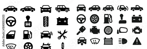 Automotive Icons Featuring Cars and Vehicle Parts Keywords: car, automobile, vehicle, steering wheel, gear shift, tire, battery, wrench, engine, fuel pump, door, mirror, headlight