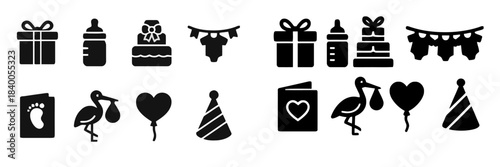 Baby Shower and Newborn Icons Set gift box baby bottle