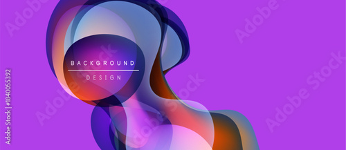 Abstract fluid shapes overlap, creating vibrant purple, orange hues. Text reads background design within central form. Modern, dynamic composition.