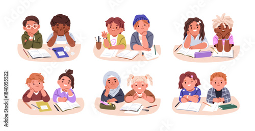 Kid students sitting at desk. Happy elementary school children together, studying, smiling. Cute child characters, classmates learning in pairs. Flat vector illustrations isolated on white background