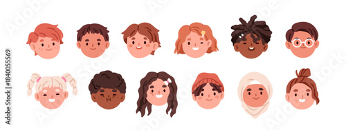 Kid avatars set. Happy smiling children, head portraits. Cute school and kindergarten child characters, boys and girls faces, user profiles. Flat vector illustrations isolated on white background
