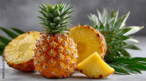 A studio shot features sliced baby pineapple isolated on background. exotic fruit. clipping path. 