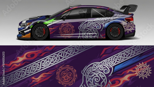 Black car with vibrant futuristic geometric side decal and separate decal pattern.