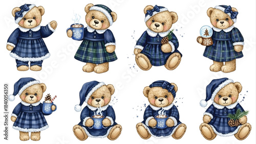 Cute Winter Teddy Bears Clipart Set in Blue Dresses and Hats, Hot Cocoa, Pinecones and Snow Elements, Watercolor Illustrations