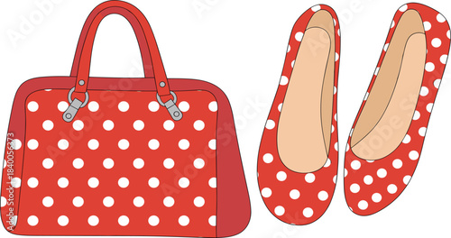 Red polka dot handbag and a matching pair of ballet flats, colorful fashion accessories set, simple cartoon style vector illustration