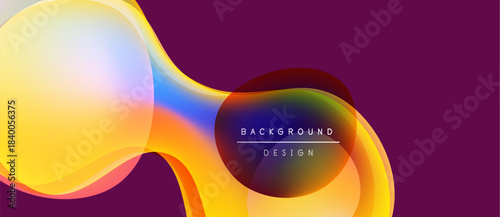 Abstract fluid shapes overlap, creating vibrant color gradients. Purple backdrop complements yellow, orange hues. Design includes text elements.