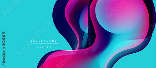 Abstract vibrant layers overlap. Turquoise backdrop contrasts pink, purple hues. Modern design evokes fluid motion, energy.