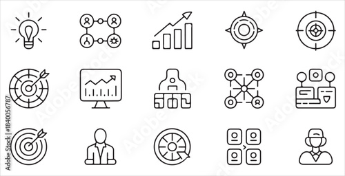 Business and management line icons set including lightbulb, charts, targets and network