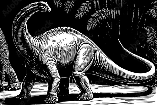 diplodocus drawn with elegant curves, slow posture, and extended tail creating a gentle prehistoric composition