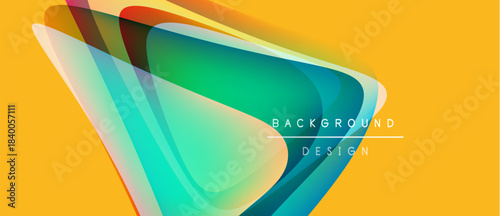 Abstract vibrant shapes overlap yellow backdrop. Modern design elements create dynamic visual impact. Smooth gradients enhance composition.