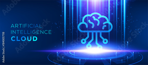 Artificial Intelligence Cloud vector with glowing digital cloud icon and futuristic data beams. technology presentations, cloud computing systems, AI platforms, innovation branding, tech backgrounds.