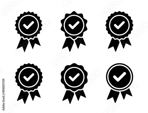 Black and White Icons of Award Ribbons with Checkmarks