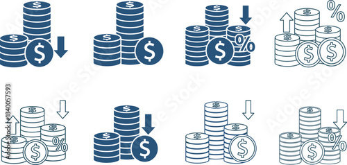 Currency value change icon set, financial trend illustration, coin stack with arrows and percentages, interest rate and inflation concept graphic
