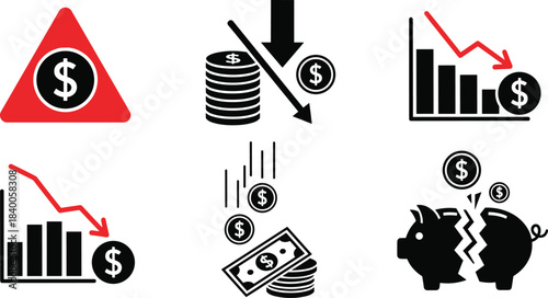 Financial decline icon set, economic downturn illustration, money loss symbols, broken piggy bank, falling graph, budget warning concept graphic