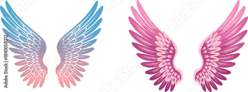 Set of two large decorative feathered wings in pink/magenta and blue/pink gradients, colorful angel fantasy design element vector illustration