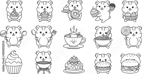 Flat vector illustration of an adorable hamster enjoying various foods like pizza, cake, donuts, cupcakes, and more.