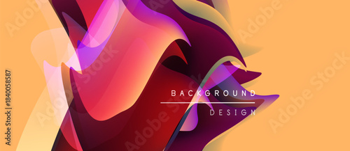 Abstract fluid shapes overlap, creating vibrant color gradients. Background features text background design. Warm tones dominate composition.