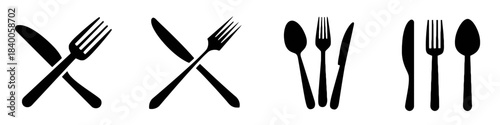 Collection of Black Silhouettes of Cutlery and Utensils Keywords: cutlery, utensils, fork, knife, spoon, silhouette, set, collection, eating, dining, food, kitchen, restaurant, icon, symbol