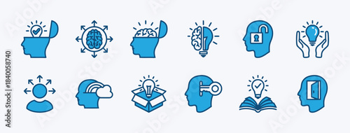Collection of Blue Icons Representing Ideas and Brainstorming Keywords: idea, brainstorming, thinking, innovation, creativity, mind, head, brain, lightbulb, solution, inspiration, knowledge